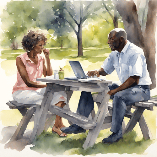 Mentoring man woman picnic table outside