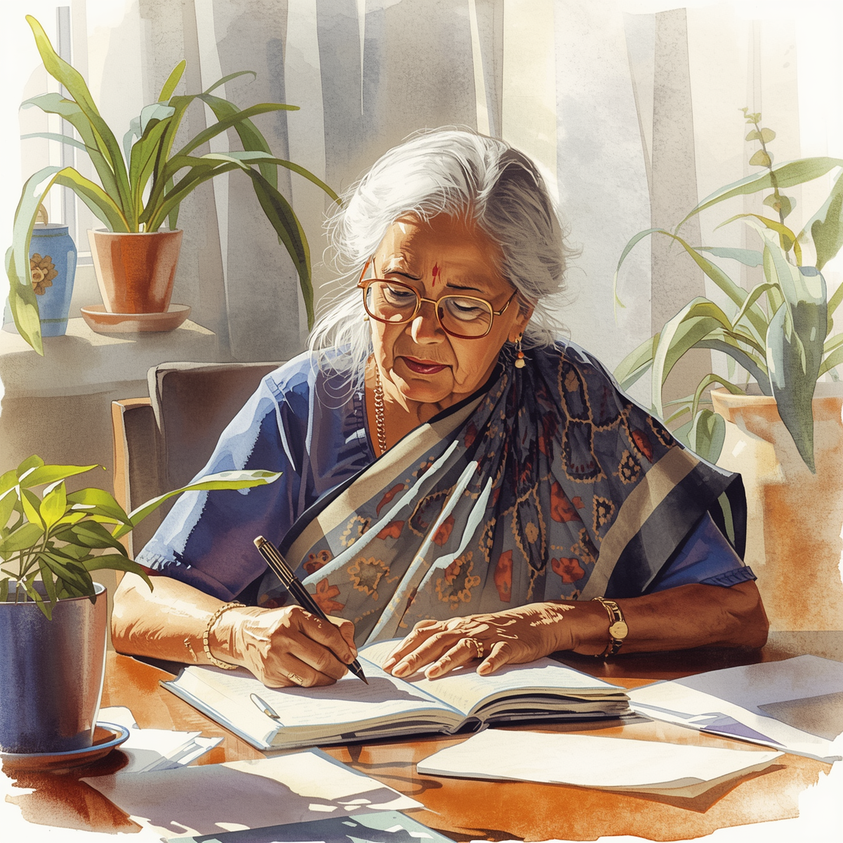 Watercolour of a woman, sitting at desk, grey hair, glasses, writing into a journal Woman writing at a desk